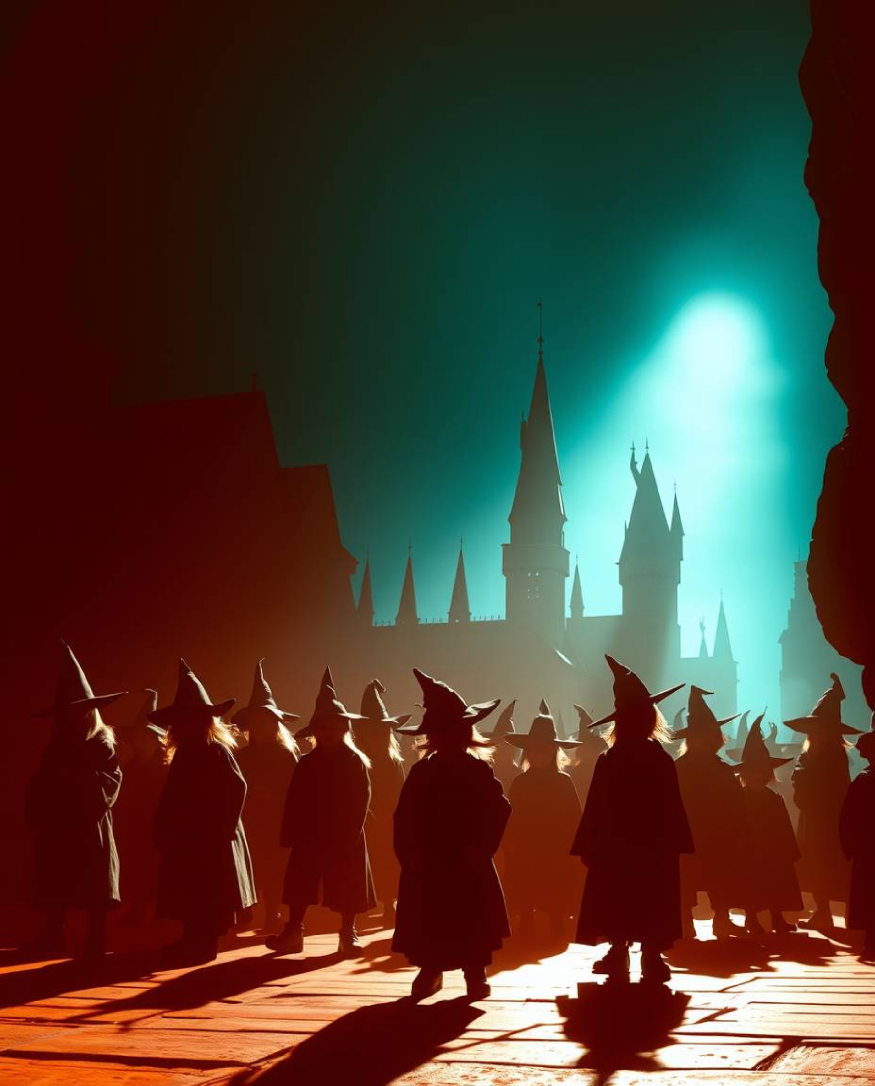 Discover a captivating illustration of a magical school brimming with young wizards.  Warm terracotta and cool teal tones cre