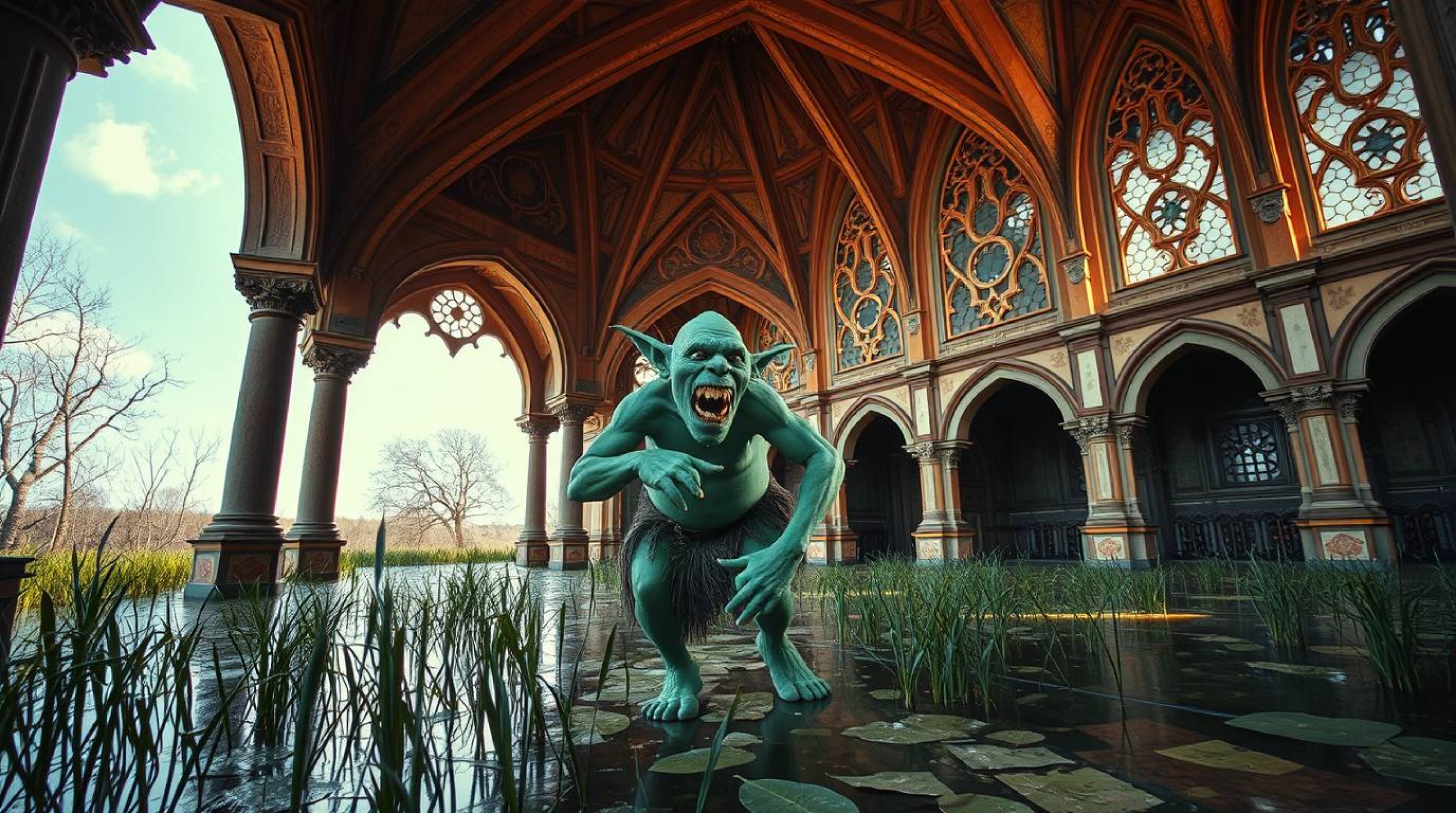 Stunning architectural color photography showcasing a unique scene: an ogre dancing in a swamp.  The image features sharp lin
