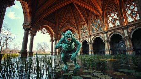 Stunning architectural color photography showcasing a unique scene: an ogre dancing in a swamp.  The image features sharp lin