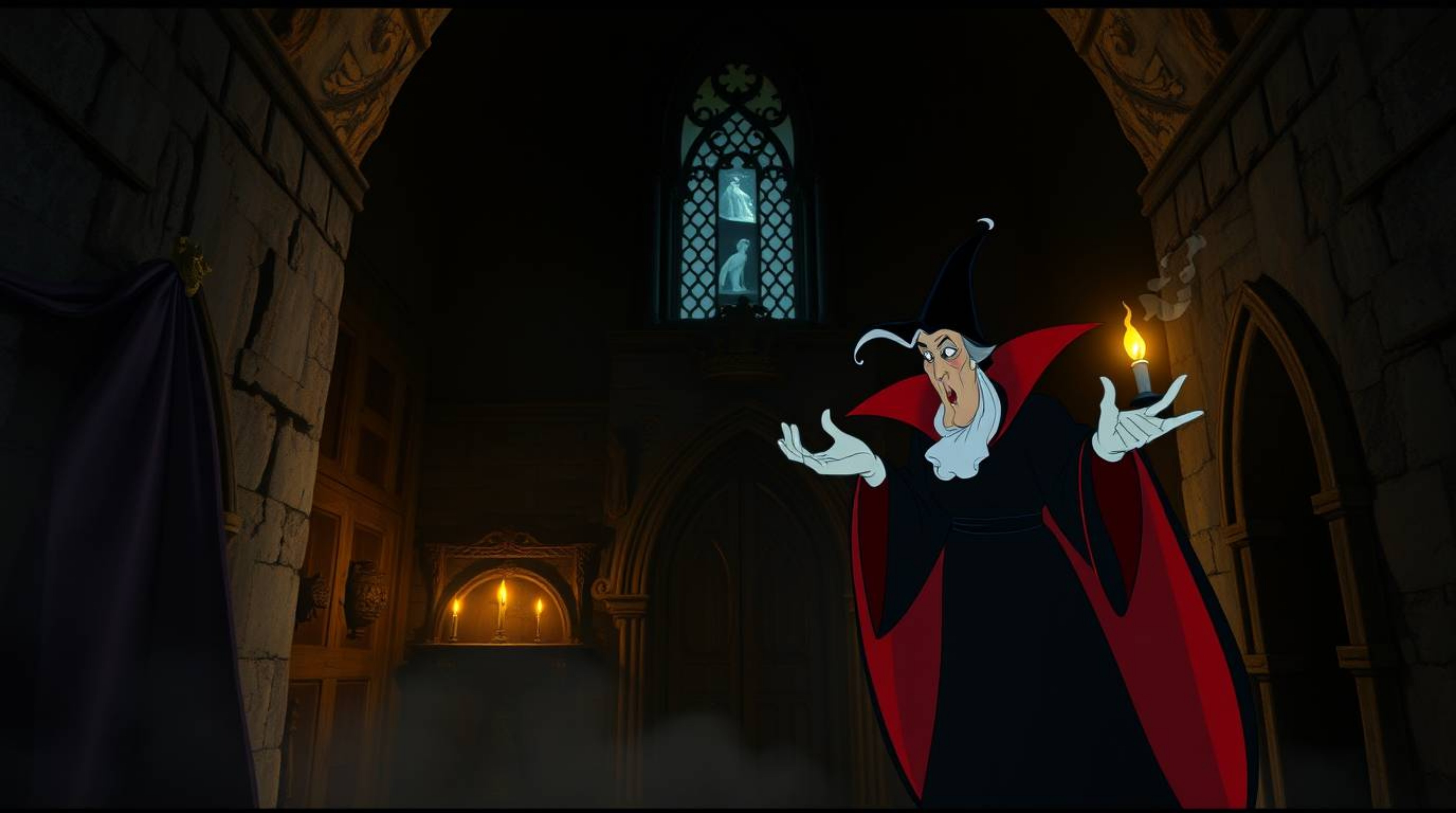 A captivating illustration showcases a classic Disney villain dramatically casting a spell within an ancient castle.  Rendere
