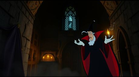 A captivating illustration showcases a classic Disney villain dramatically casting a spell within an ancient castle. Rendere