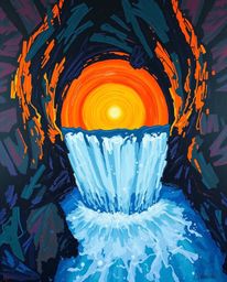 This is a bold acrylic painting from an overhead bird’s-eye view, showing a sun setting behind a dramatic waterfall. The artw