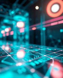 Immerse yourself in a rich, deep teal close-up of a futuristic digital interface. This design showcases geometric patterns wi