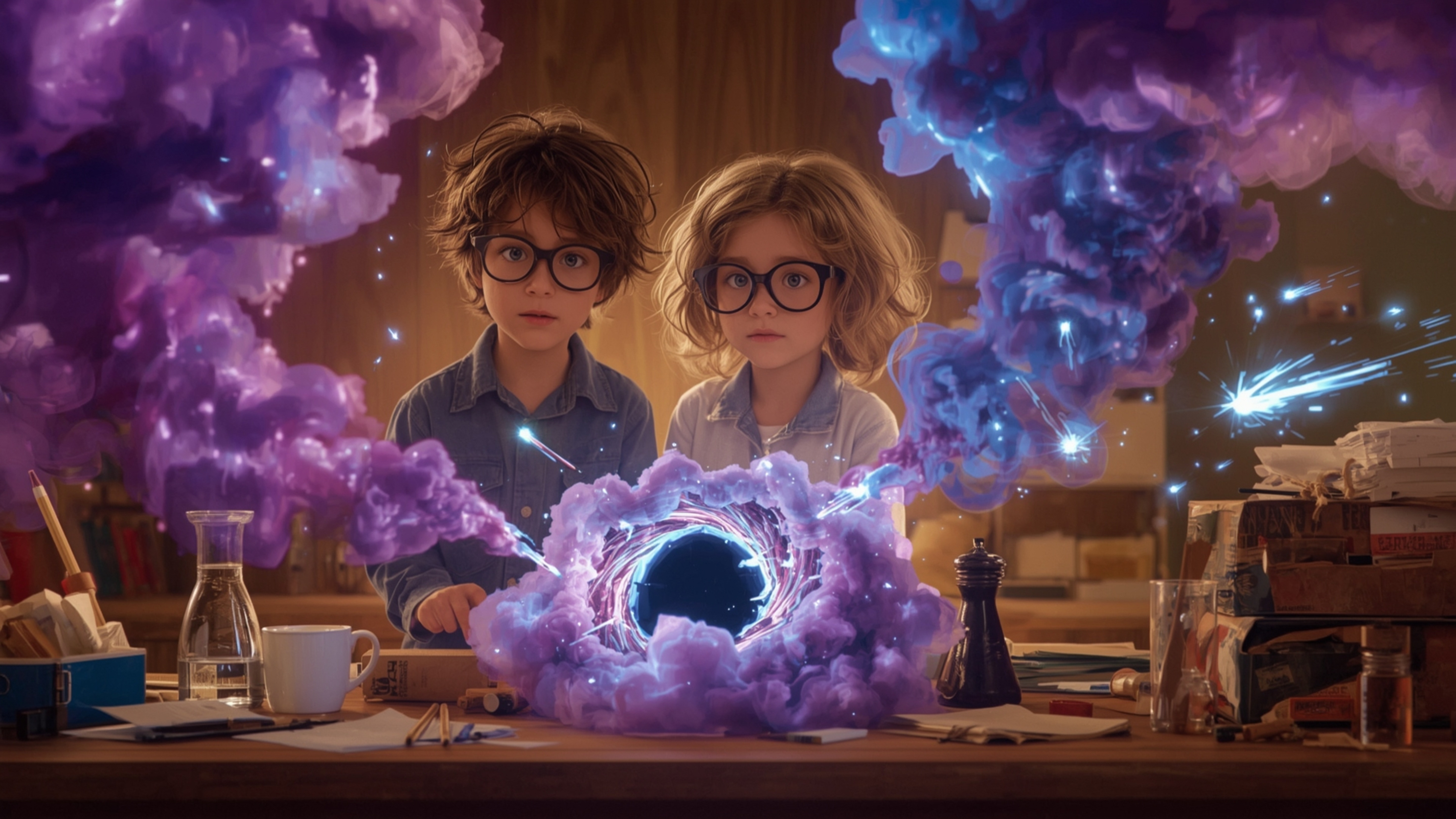 In a vibrant, cinematic photograph rendered in a hyper-realistic, Pixar-inspired style, a dynamic science fair duo unwittingl