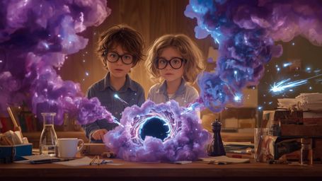 In a vibrant, cinematic photograph rendered in a hyper-realistic, Pixar-inspired style, a dynamic science fair duo unwittingl