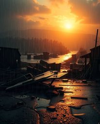 A breathtaking high-angle view captures a sunrise over a war-torn landscape, creating a poignant contrast. The scene is drenc