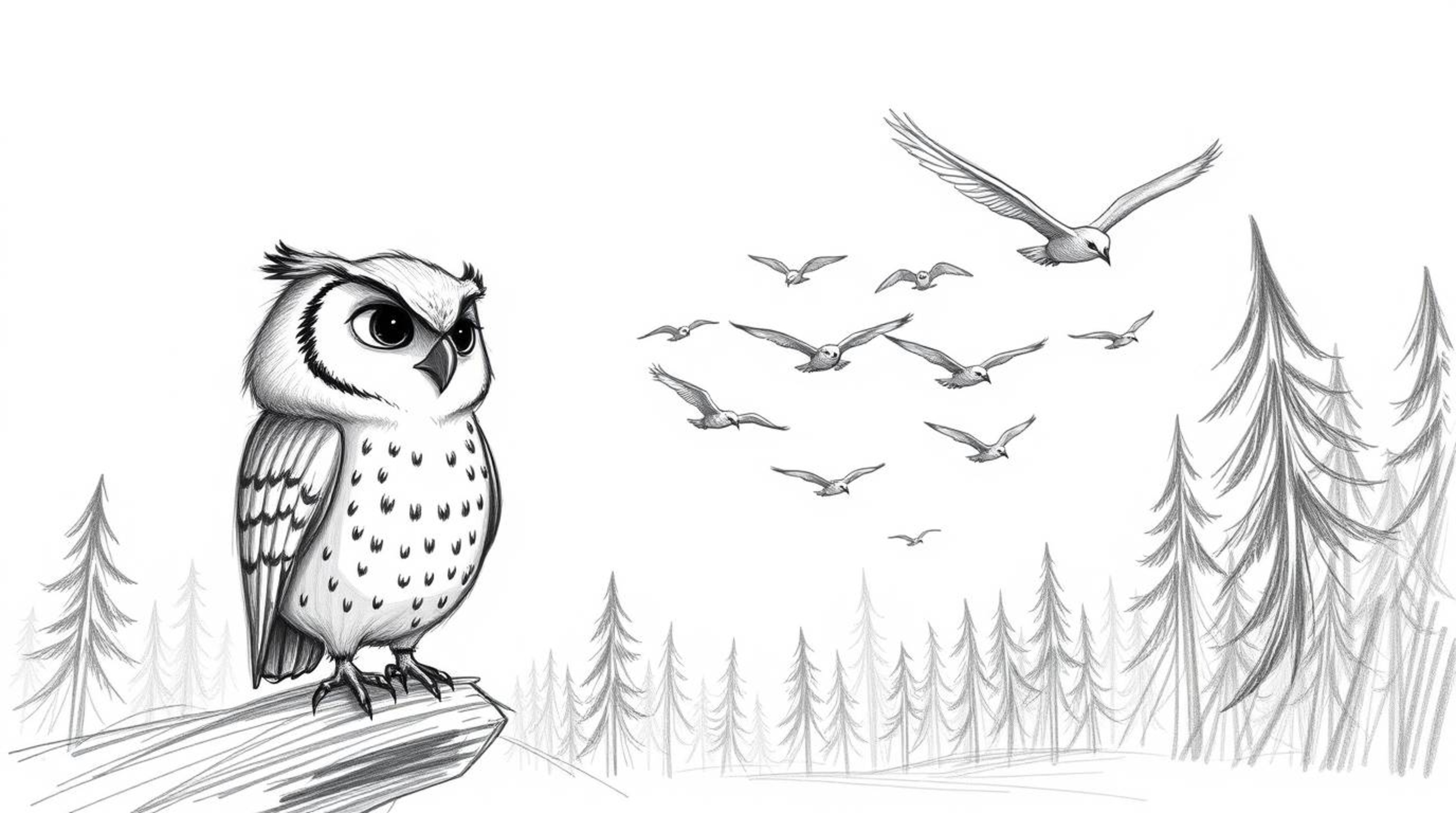 A charming hand-drawn sketch in the style of Pixar depicts a blind owl with gentle features patiently teaching a flock of bir