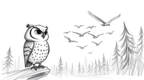 A charming hand-drawn sketch in the style of Pixar depicts a blind owl with gentle features patiently teaching a flock of bir