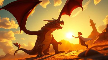 Experience a classic clash of good versus evil in this captivating 1950s animation style image. A charming prince battles a f