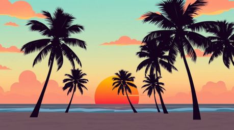 Experience the serenity of a tropical beach sunset rendered in a modern flat design. This cinematic style artwork boasts film