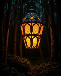 A stunning artwork featuring a glowing lantern nestled within a dark forest. Crafted from layered papier-mâché, the lantern r