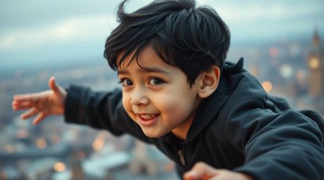 This image captures a magical scene of a young boy with black hair soaring above London, seemingly propelled by pixie dust. T