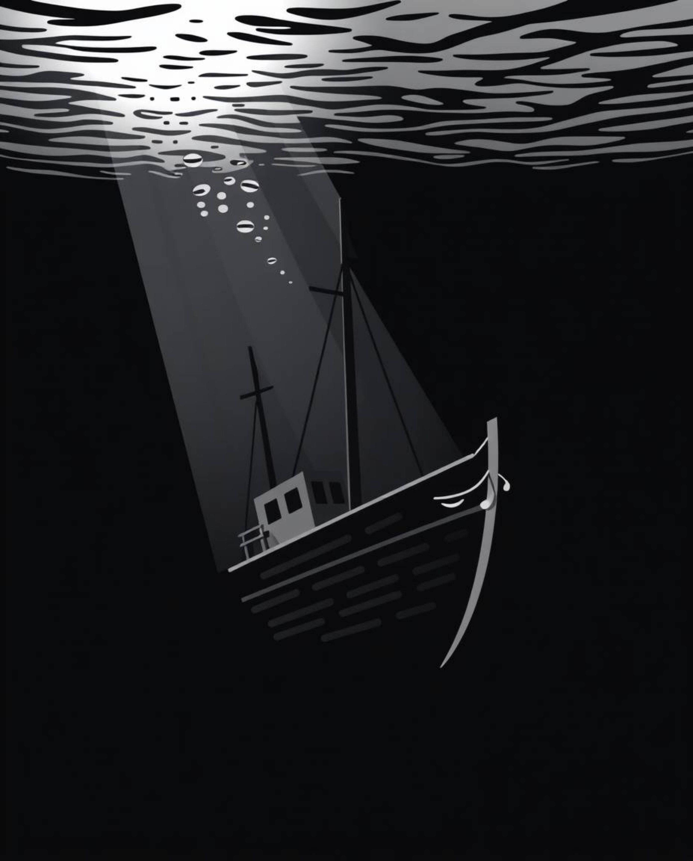 Discover a timeless and elegant illustration of a shipwreck illuminated deep underwater. This classic black and white design 