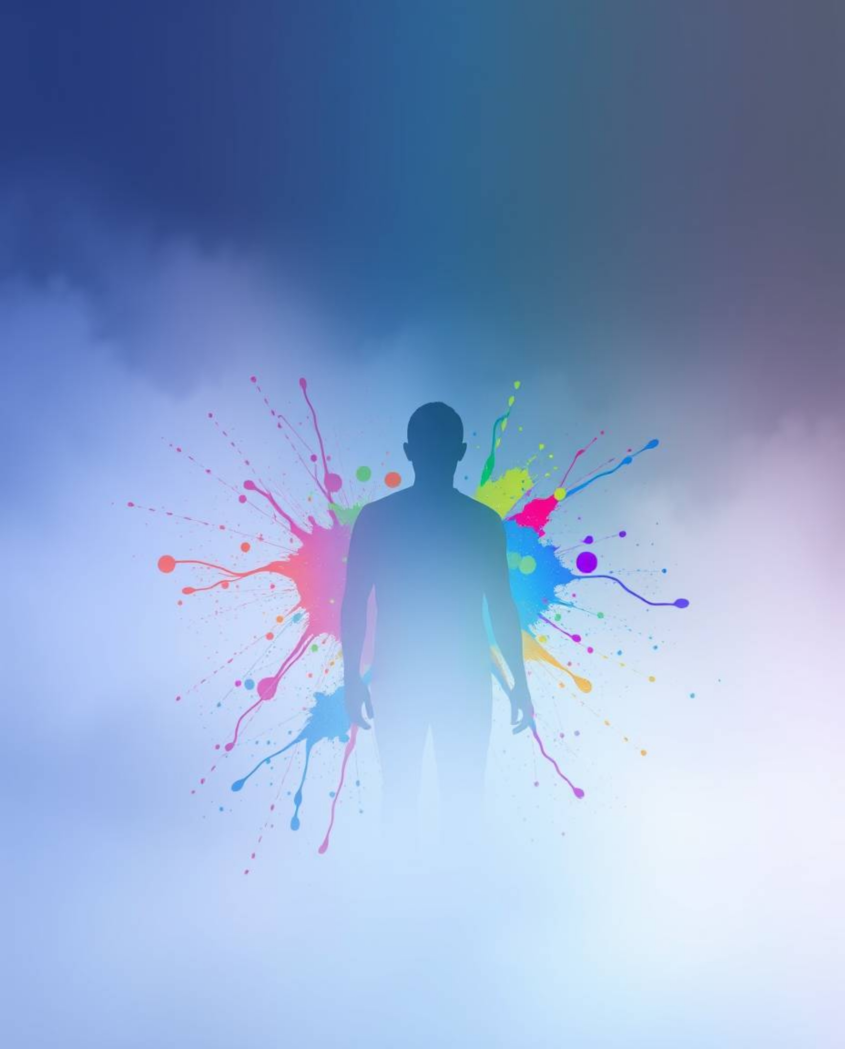 A modern art piece depicting a human silhouette formed by colorful splash patterns emerging from thick, foggy surroundings. T