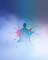 A modern art piece depicting a human silhouette formed by colorful splash patterns emerging from thick, foggy surroundings. T