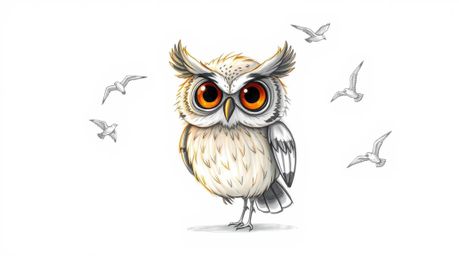A heartwarming Pixar-style illustration depicts a blind owl, rendered with soft pencil strokes and charmingly rough lines, as