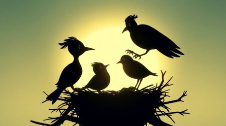 This captivating image showcases two cartoon birds diligently building their nest in a classic animation style. The scene is 