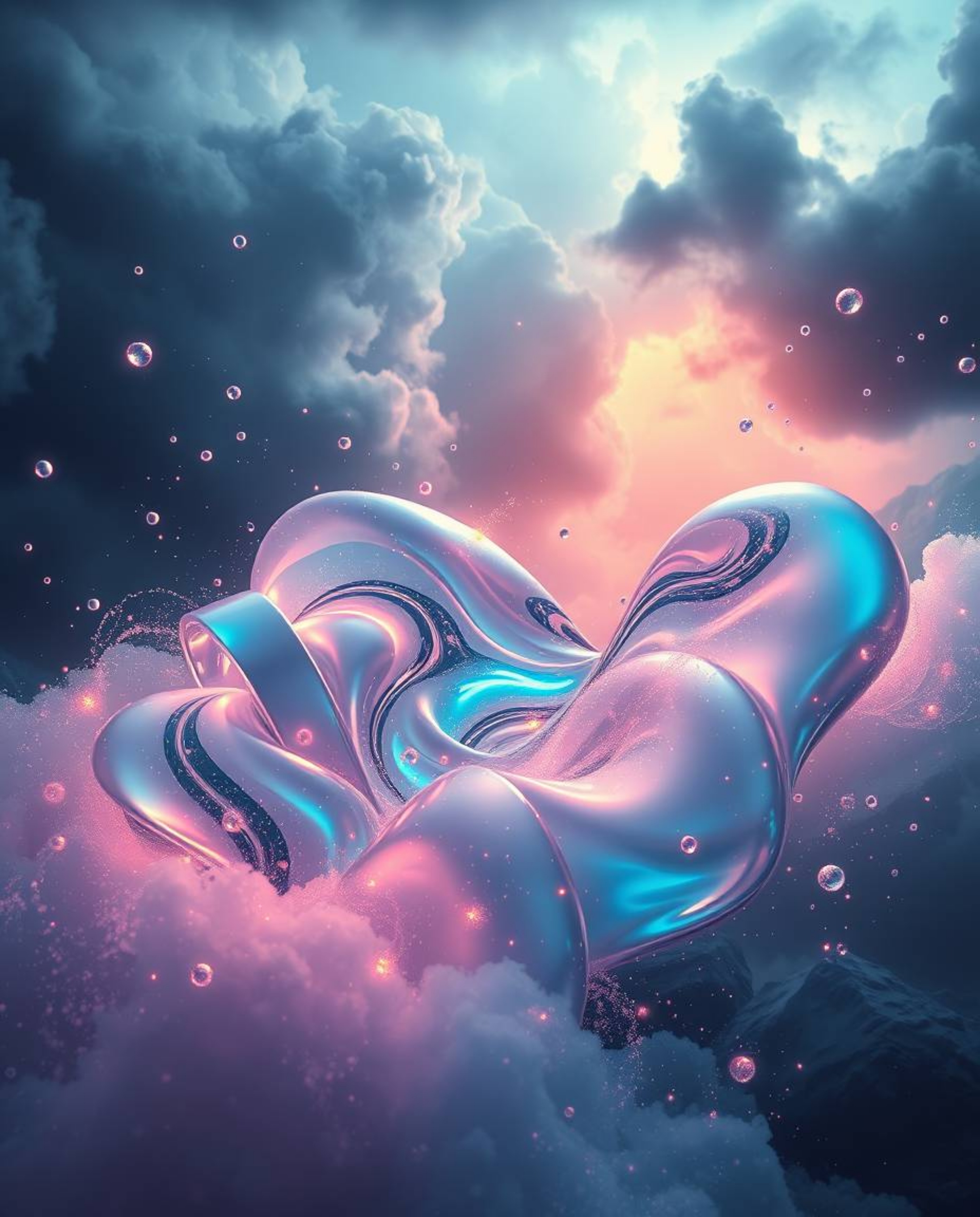 Experience a dreamy and intense atmosphere with iridescent colors contrasting dramatic weather. Glassy, fluid 3D shapes are i