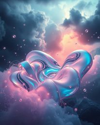 Experience a dreamy and intense atmosphere with iridescent colors contrasting dramatic weather. Glassy, fluid 3D shapes are i