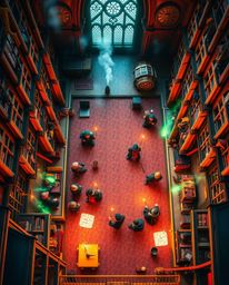 Experience a breathtaking, bird's-eye view of a magical school teeming with young wizards, rendered in electric and vivid col