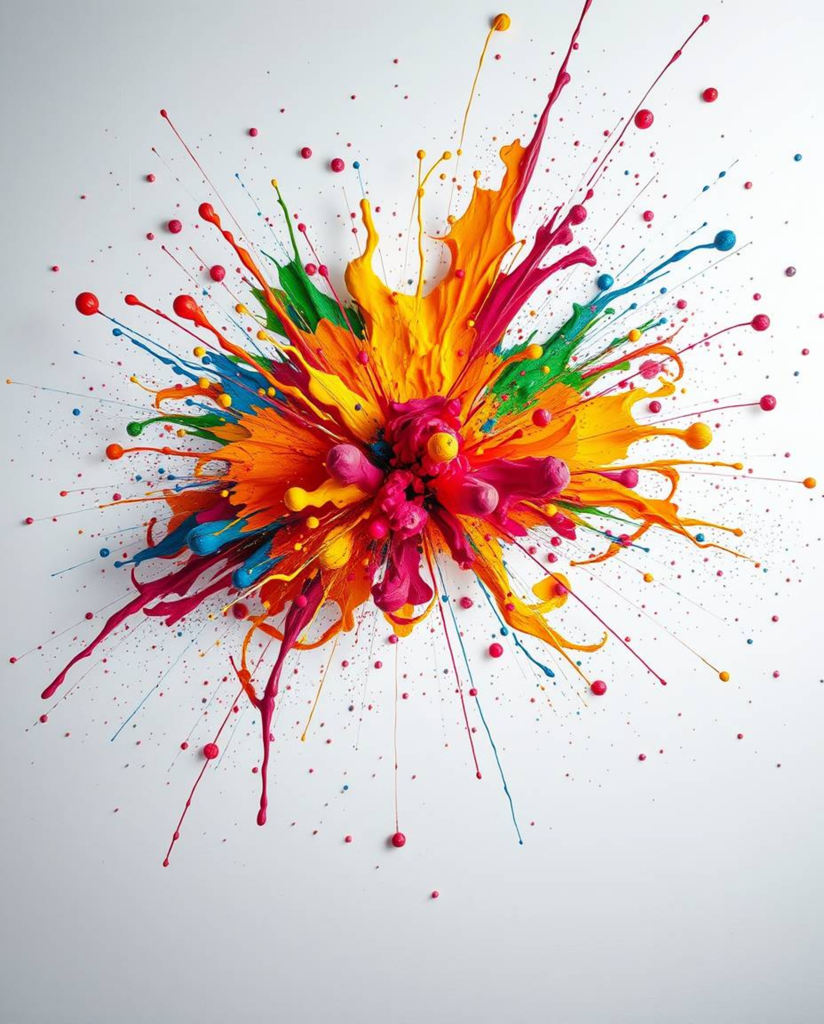 Experience a cinematic and film-like composition with this vibrant explosion of colorful paint splashes on a pristine white c
