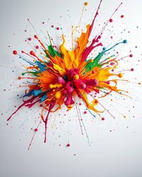 Experience a cinematic and film-like composition with this vibrant explosion of colorful paint splashes on a pristine white c