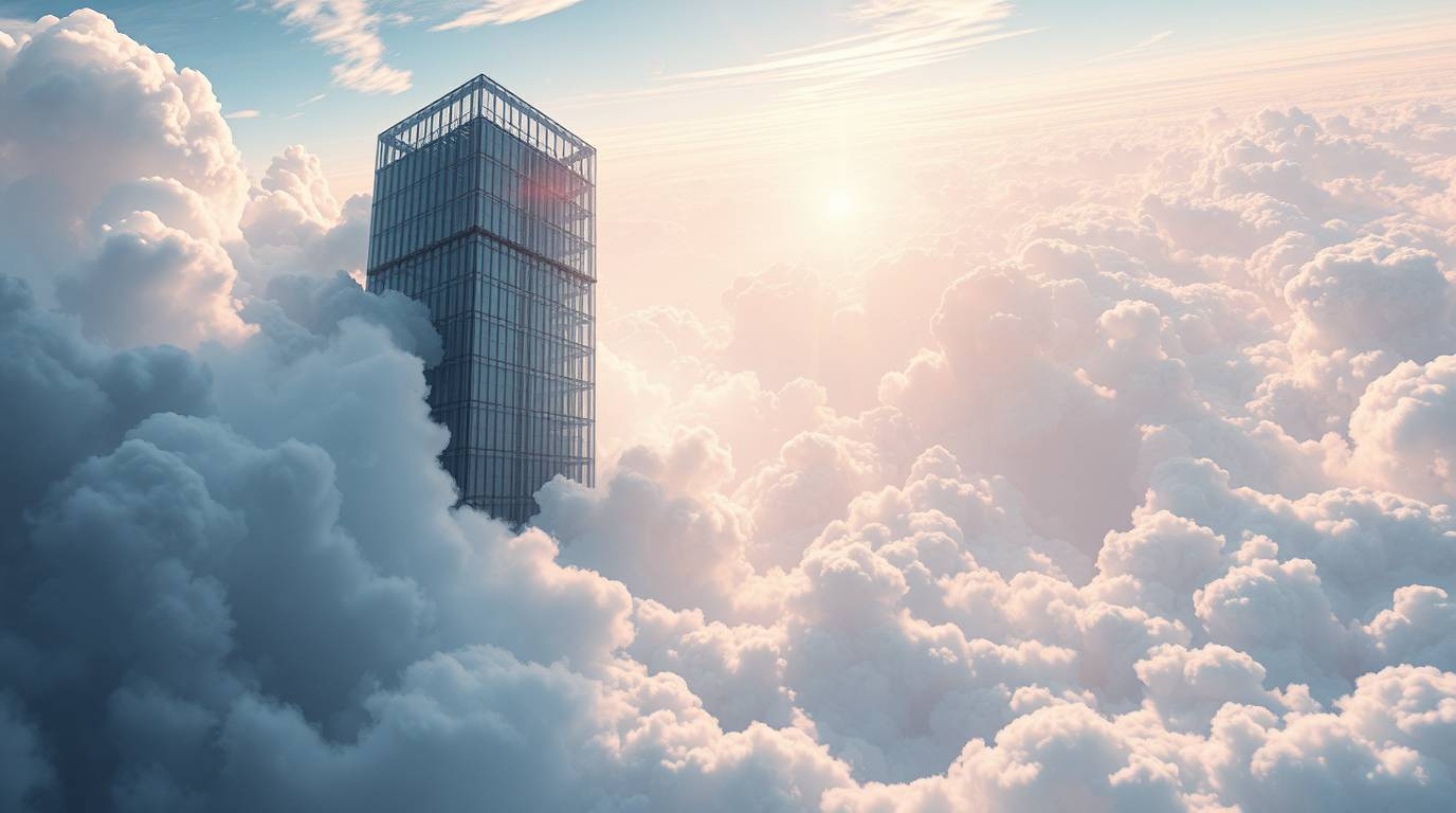 This futuristic sci-fi illustration showcases a modern glass building seamlessly dissolving into a soft, cloud-filled sky. Th