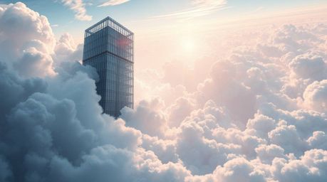 This futuristic sci-fi illustration showcases a modern glass building seamlessly dissolving into a soft, cloud-filled sky. Th