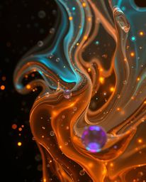 Experience the mesmerizing beauty of bioluminescent glassy fluid in 3D motion, enveloped by a cascade of glowing particles. T