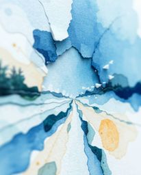 A tight close-up shot capturing a delicate watercolor painting that portrays a digital glitch landscape fracturing into piece