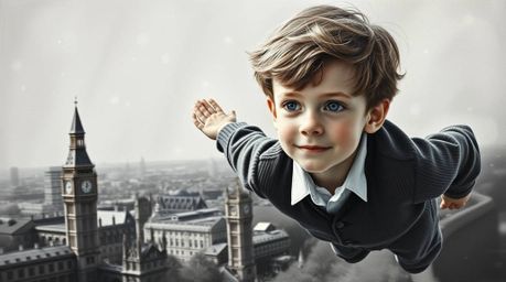 This classic black and white oil painting depicts a young boy with light brown hair and freckles soaring above London, illumi