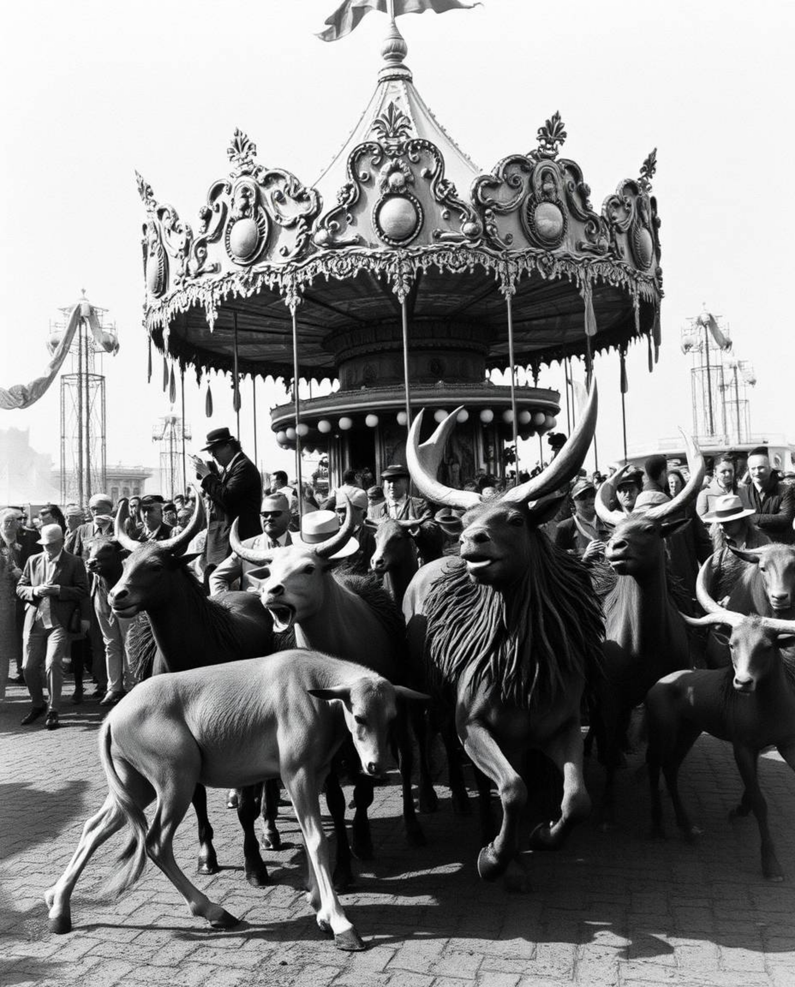 This captivating image presents a classic black and white scene of a carnival, unexpectedly overrun by wild animals. The phot