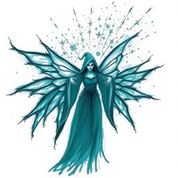 A chilling hand-drawn sketch depicts a fairy godmother emerging from a swirl of sparkles. Rendered in rich deep teal with ro