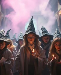 Discover a whimsical magical school brimming with young wizards, depicted in a dreamy style.  Soft pastel colors, a soft cine