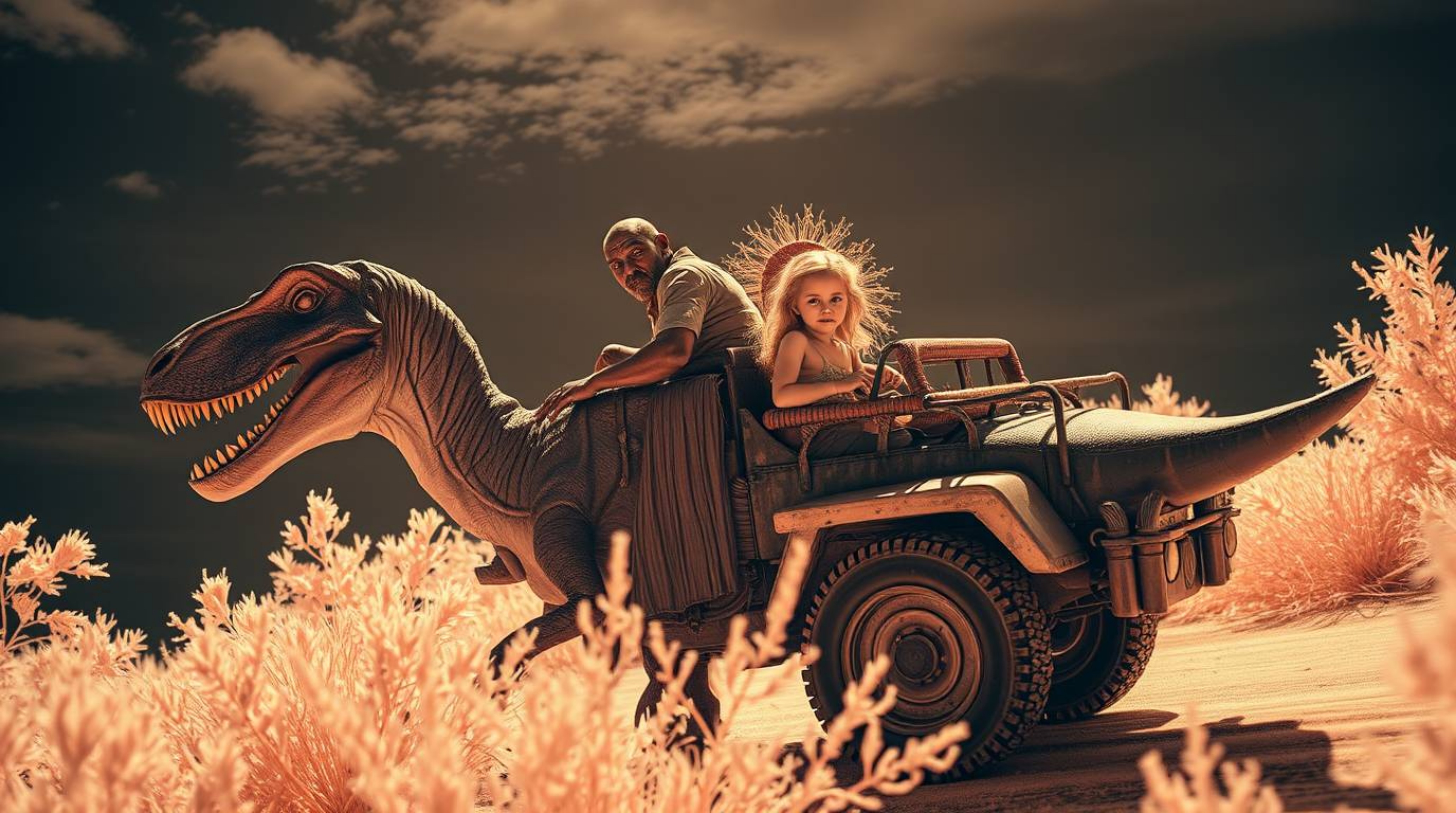 A captivating surreal infrared photograph depicts a prehistoric family enjoying a ride in a dinosaur-shaped car. The image sh