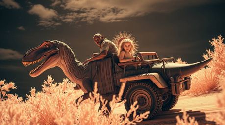 A captivating surreal infrared photograph depicts a prehistoric family enjoying a ride in a dinosaur-shaped car. The image sh