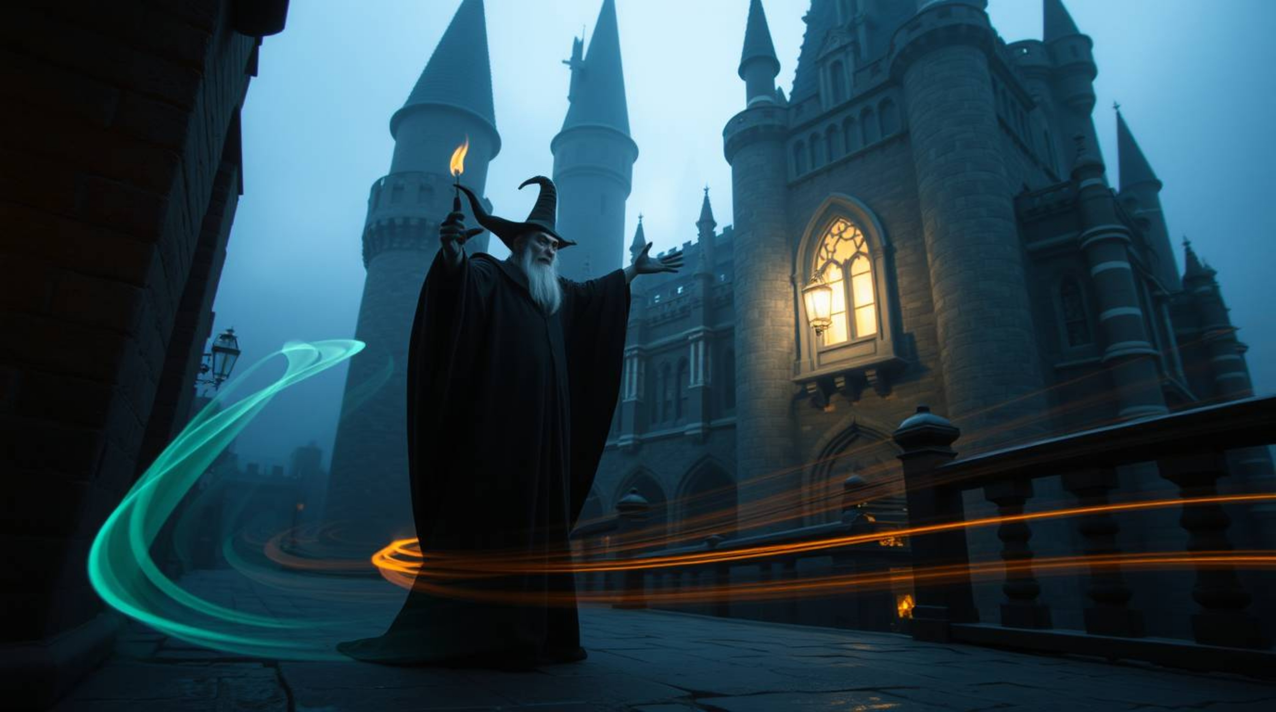 A captivating long-exposure photograph showcases a classic Disney villain casting a spell within the walls of an ancient cast