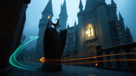 A captivating long-exposure photograph showcases a classic Disney villain casting a spell within the walls of an ancient cast