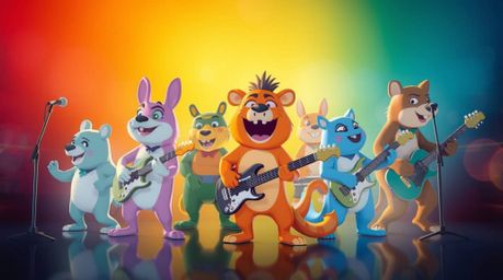 A captivating long exposure photograph showcases a cartoon animal rock band in action.  Smooth gradient transitions, motion b