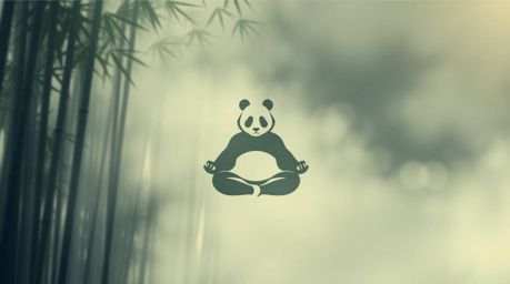 This geometric logo design features a meditating martial artist panda peacefully finding balance in a lush bamboo forest.  A 