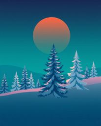 A modern flat design illustration featuring a vibrant deep teal sunset light sparkling on snowy pine trees. Simple two-dimens
