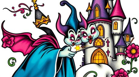 This vibrant traditional tattoo art print features a charming, classic Disney villain with soft features casting a spell in a