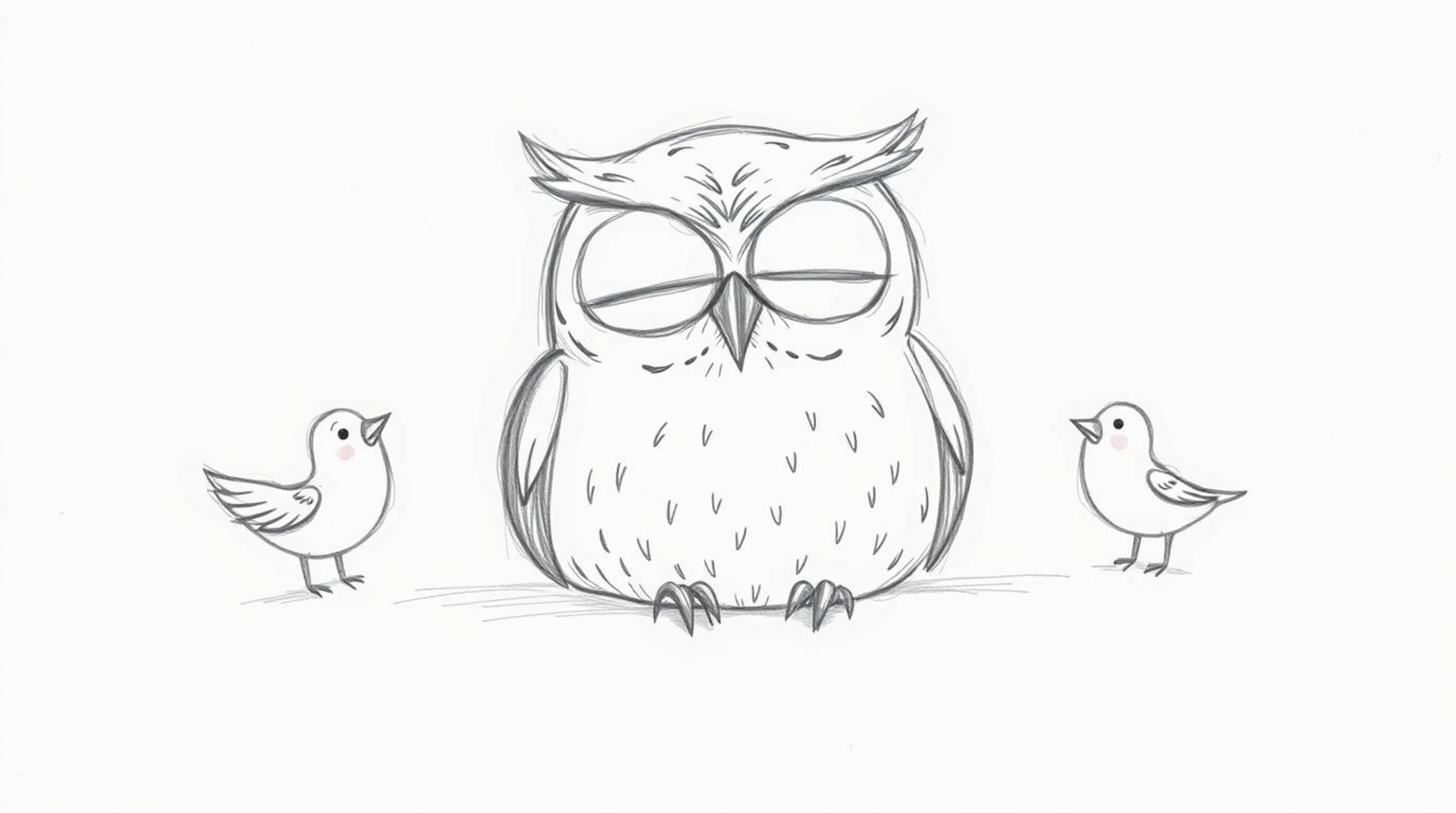 A heartwarming hand-drawn sketch in the style of Pixar depicts a blind owl with gentle, rounded features, peacefully resting 