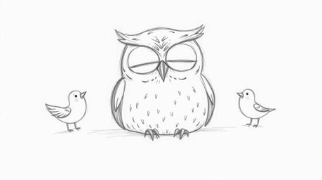 A heartwarming hand-drawn sketch in the style of Pixar depicts a blind owl with gentle, rounded features, peacefully resting 