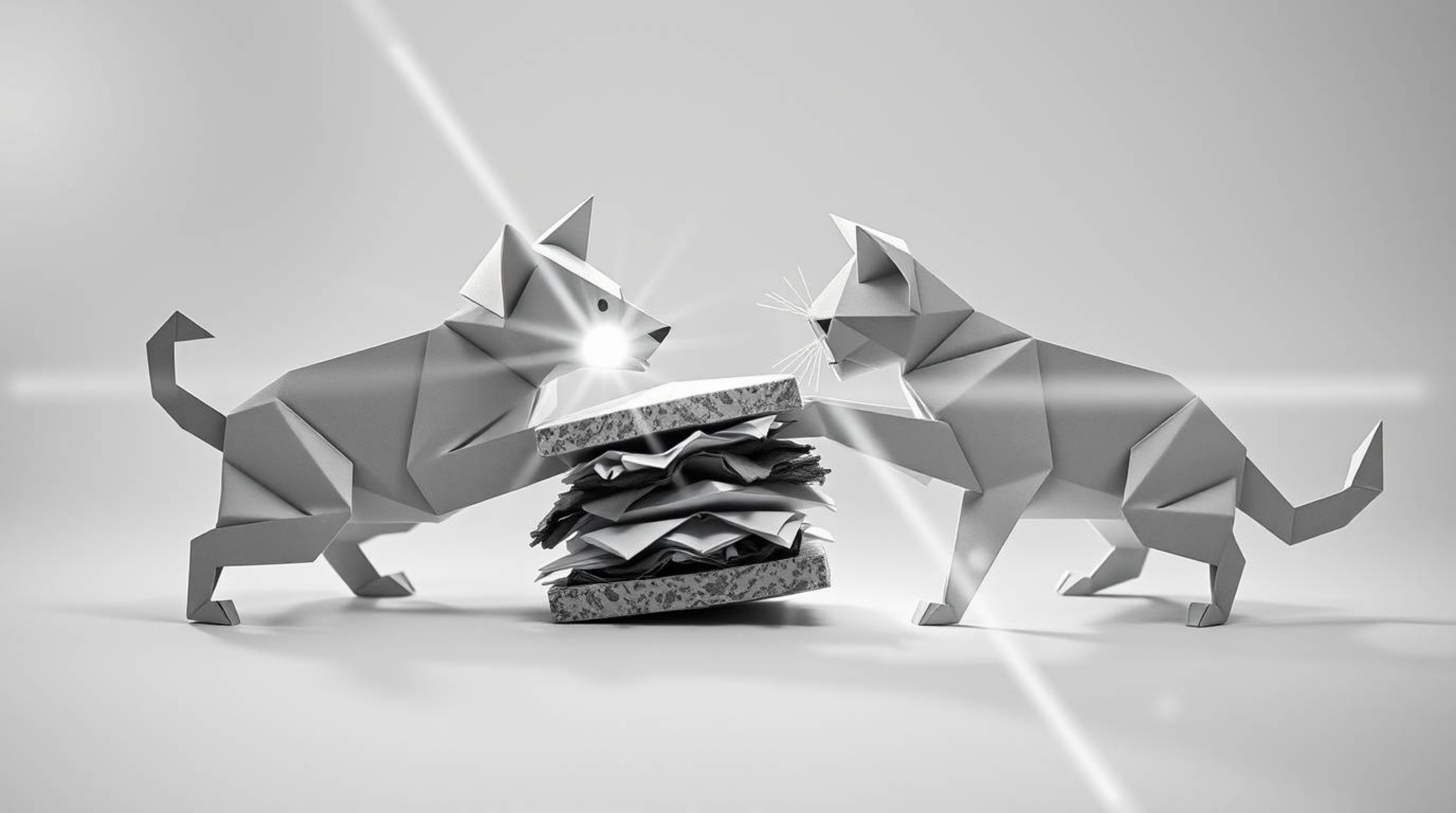 A timeless black and white image capturing the whimsical scene of a dog and cat playfully battling over a large sandwich, ren