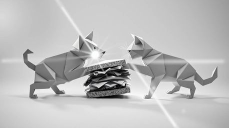 A timeless black and white image capturing the whimsical scene of a dog and cat playfully battling over a large sandwich, ren