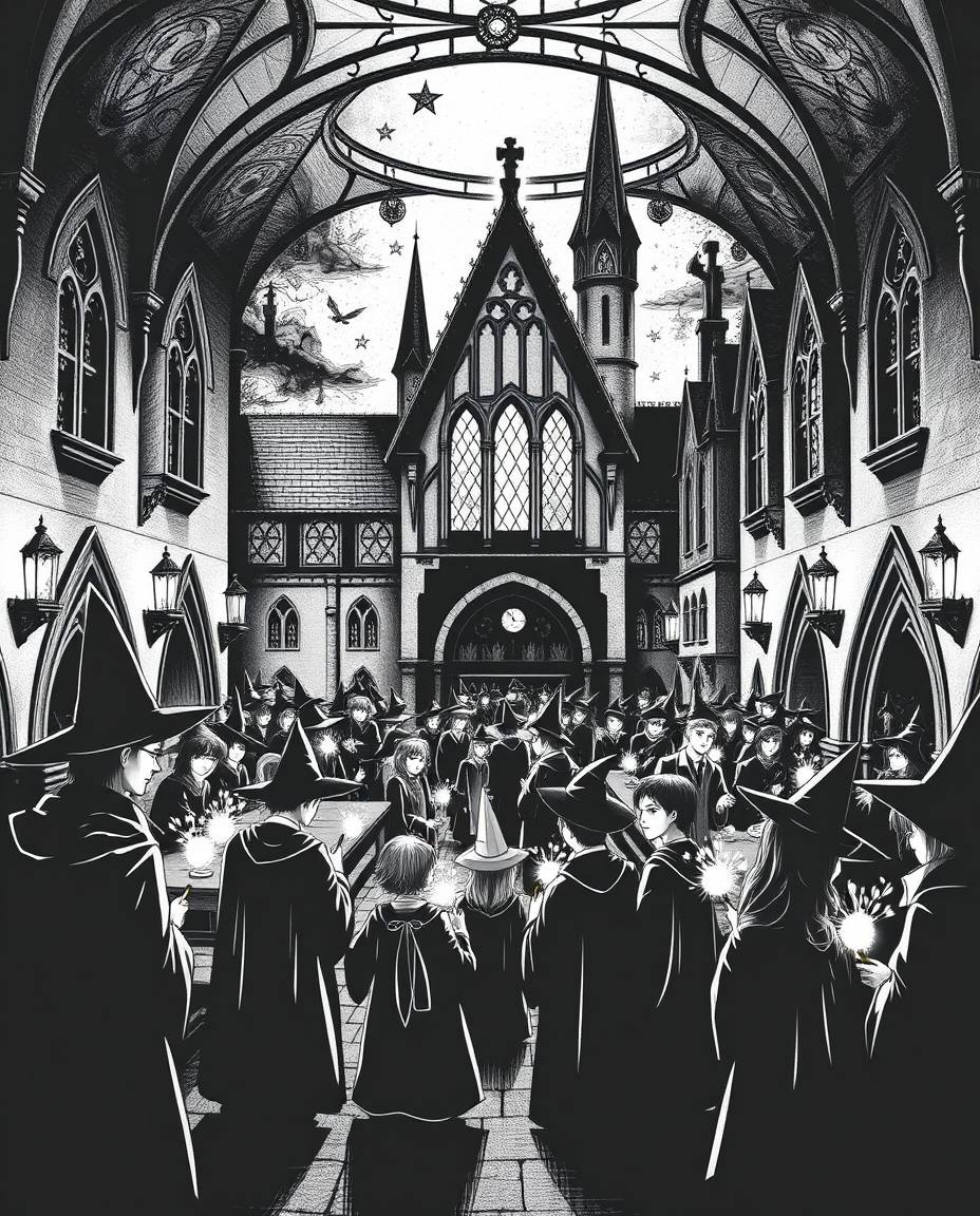 Discover a captivating black and white image portraying a timeless and elegant magical school brimming with young wizards. Th