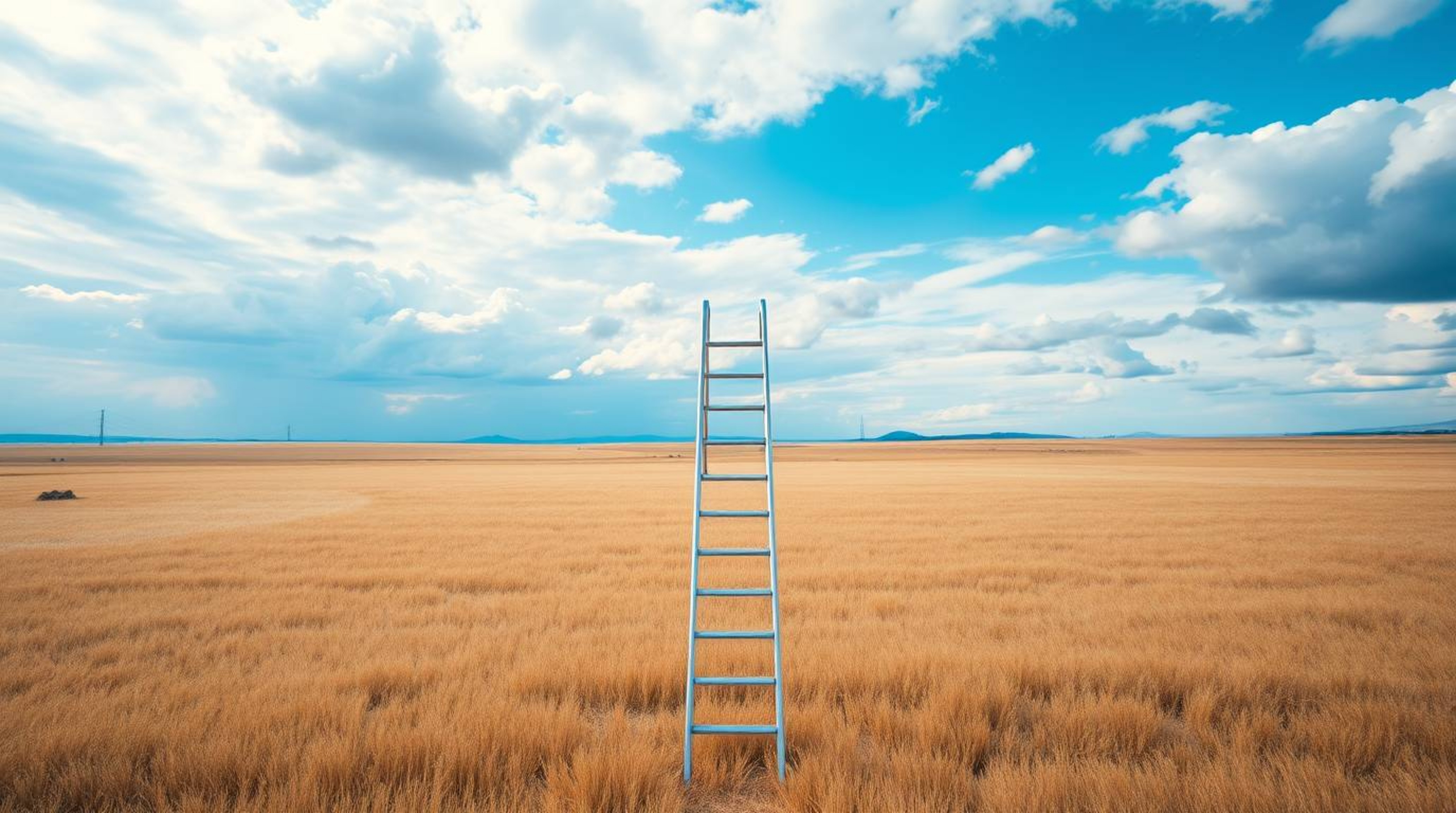 A captivating minimalist photograph depicts a silver ladder standing in a wide open field under a cloudy sky, illuminated by 