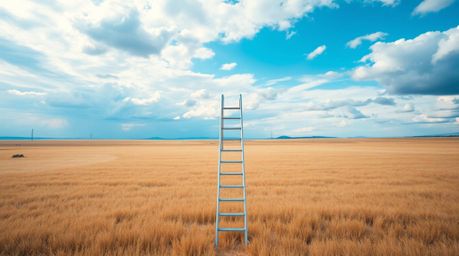 A captivating minimalist photograph depicts a silver ladder standing in a wide open field under a cloudy sky, illuminated by 