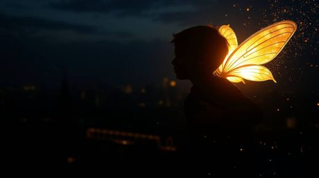 A silhouetted young boy soars above London, propelled by pixie dust and bathed in an ethereal, spiritual aura. The scene is b